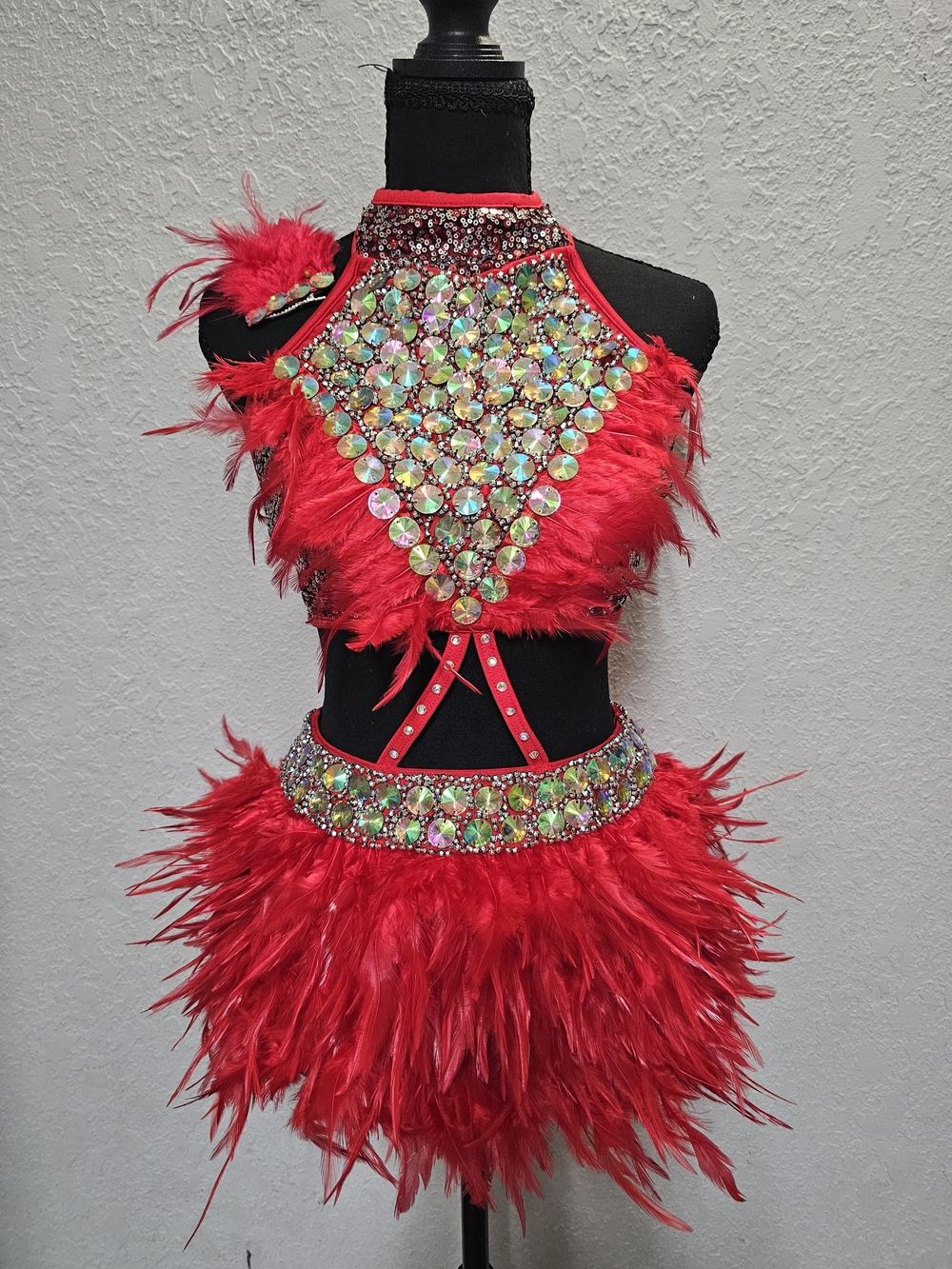 Glamour Red Feather Dance Costume with Iridescent Crystal Accents